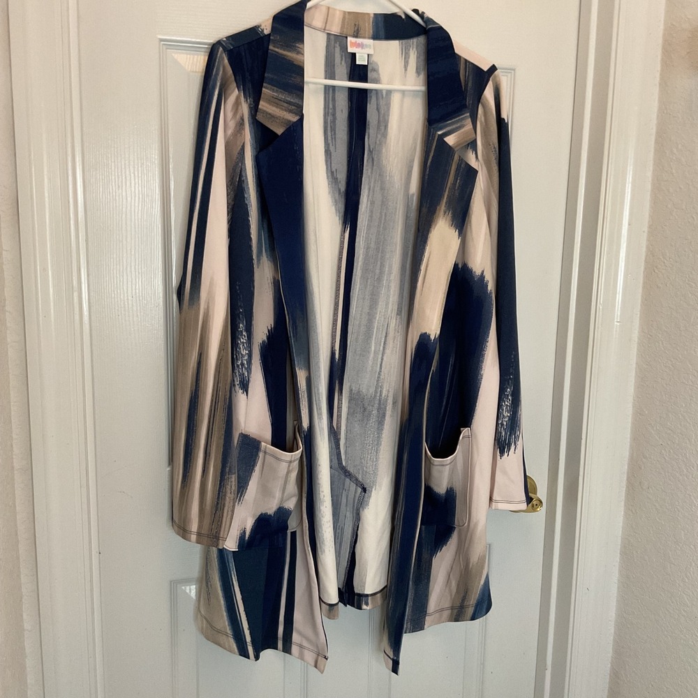 LuLaRoe Amber Open Front Cardigan Jacket 2XL Navy Tan Abstract Brushstroke Print